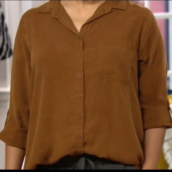 Side Stitch Petite Button Front Lyocell Tunic with Pocket Copper SZ PL - Picture 1 of 16